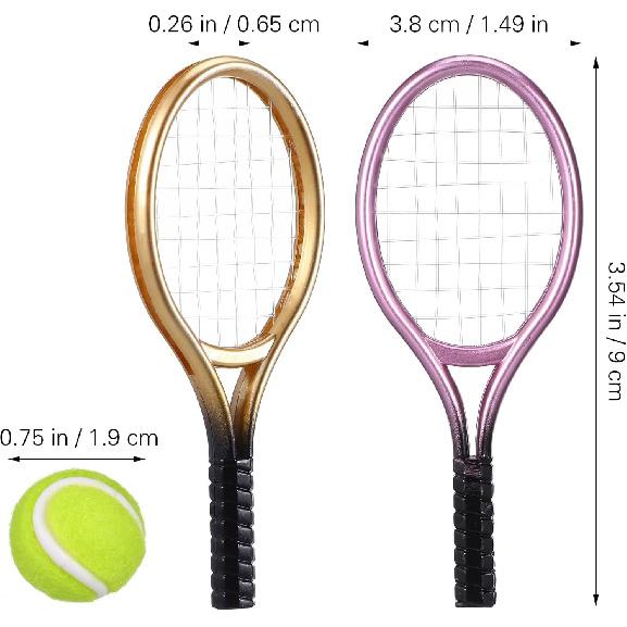 Kisangel 2 Sets Mini Tennis Racket and Ball Set 1:12 Miniature Tennis Kit Dollhouse Tennis Toy Mini Tennis Cake Topper for Sports Equipment