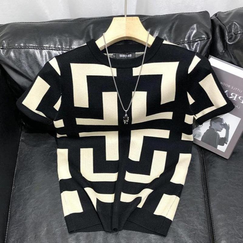 Spring and Autumn Geometric Pattern Base Shirt for Men, Slim Fit Casual Short Sleeve Knit Top