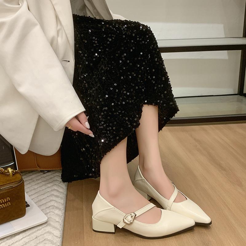 2025 new women's shoes spring thick heel pointed one-word buckle shallow mouth Mary Jane shoes small leather shoes temperament single shoes