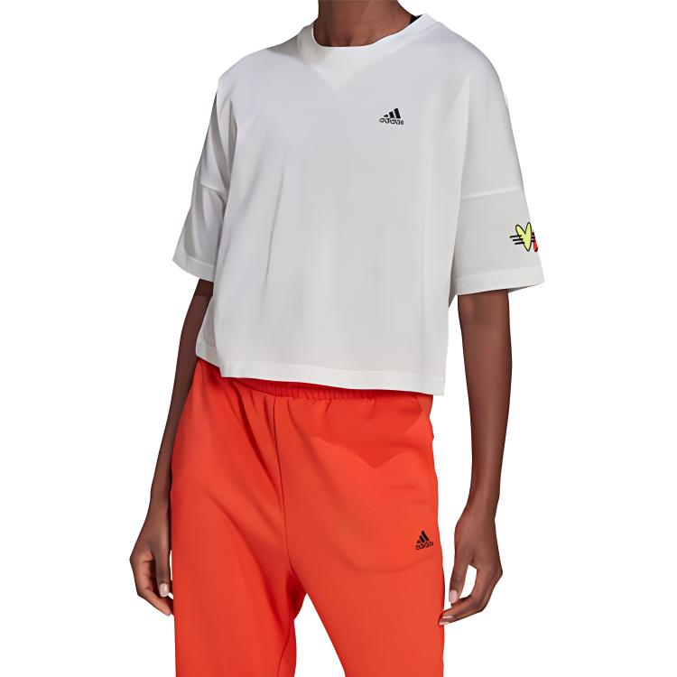 adidas Alphabet Logo Print Crop Round Neck Short Sleeve T-Shirt Damen Tops Weiß H67199