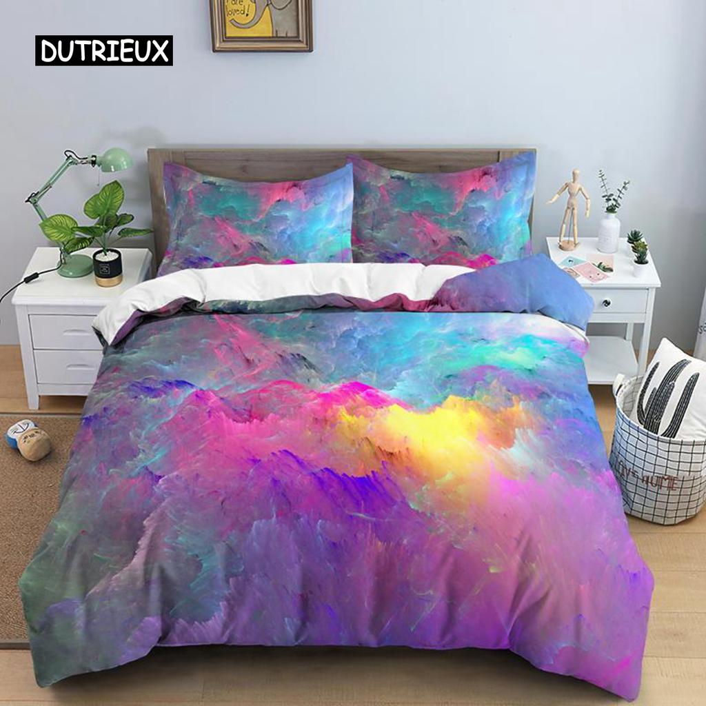 Colorful Cloud Duvet Cover Polyester Orange Yellow Purple Cloud Sky Quilt Cover for Teens Girls Abstract Theme Soft Bedding Set