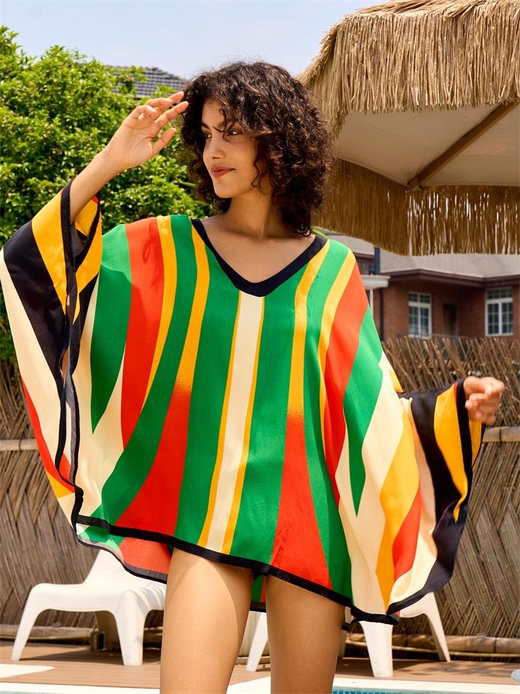 

EDOLYNSA 2024 Многоцветный принт с большим V-образным вырезом и рукавами «летучая мышь», пляжное мини-платье, свободное полосатое летнее женское платье для отдыха, бассейна, вечеринки, купальник, прикрытие One Size разноцветный
