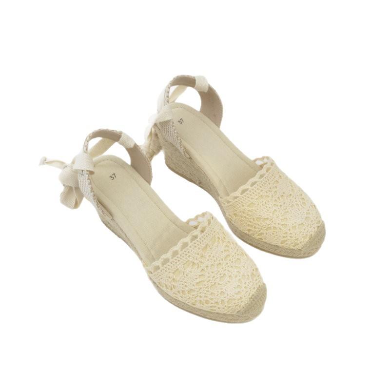2025 Summer New Lace High-heeled Sandals Platform-soled Casual Hemp Rope Wedge Heel Sandals Rear Empty Lace-up Hemp Sole Sandals