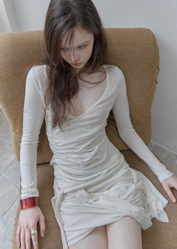 Pilse See-Through V-Neck Long-Sleeved, Ivory
