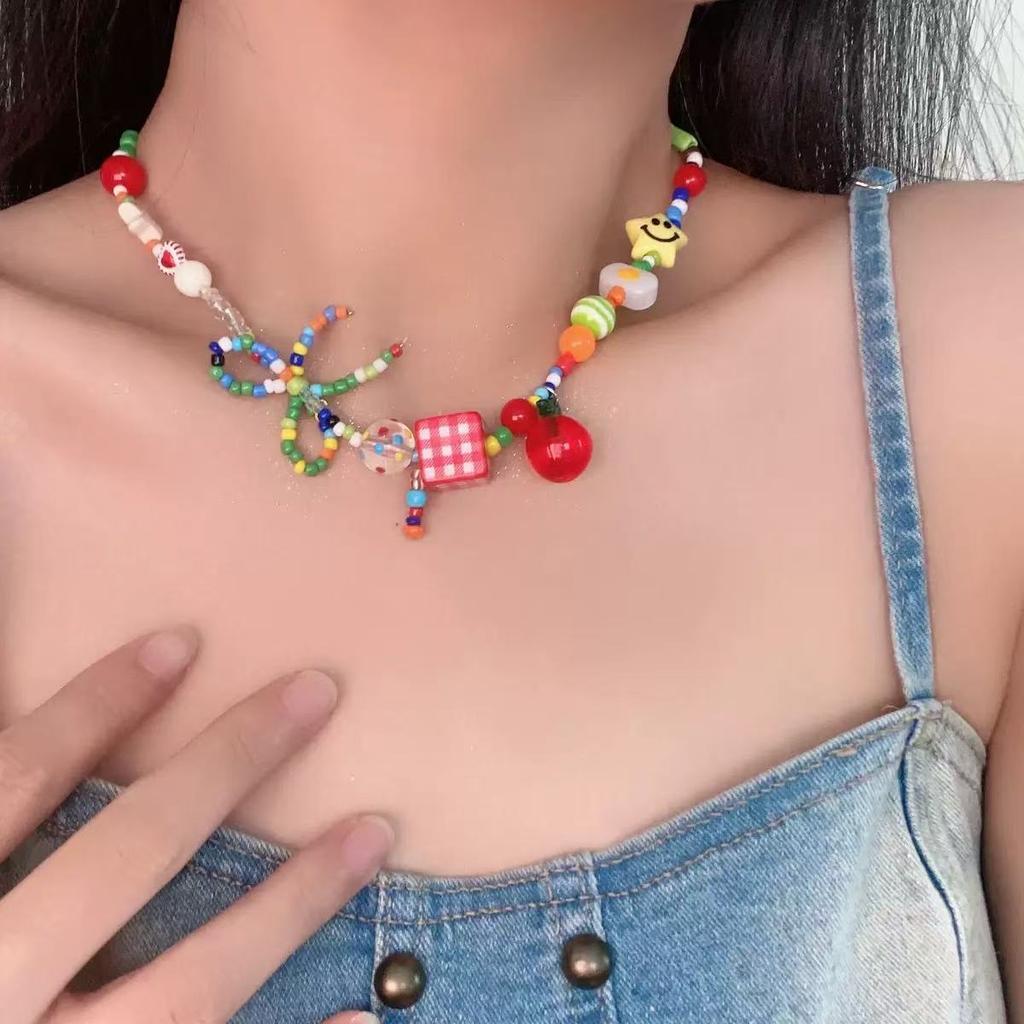 Dopamine color apple star beaded necklace new light luxury summer collarbone chain