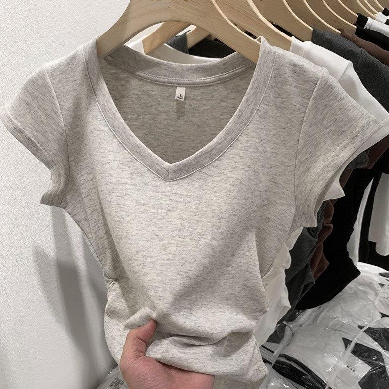 American V-neck Solid Color Front Shoulder Short-sleeved Women's Top Summer Design Sense Niche Waist Pleated Slim Spice Girl T-shirt Base