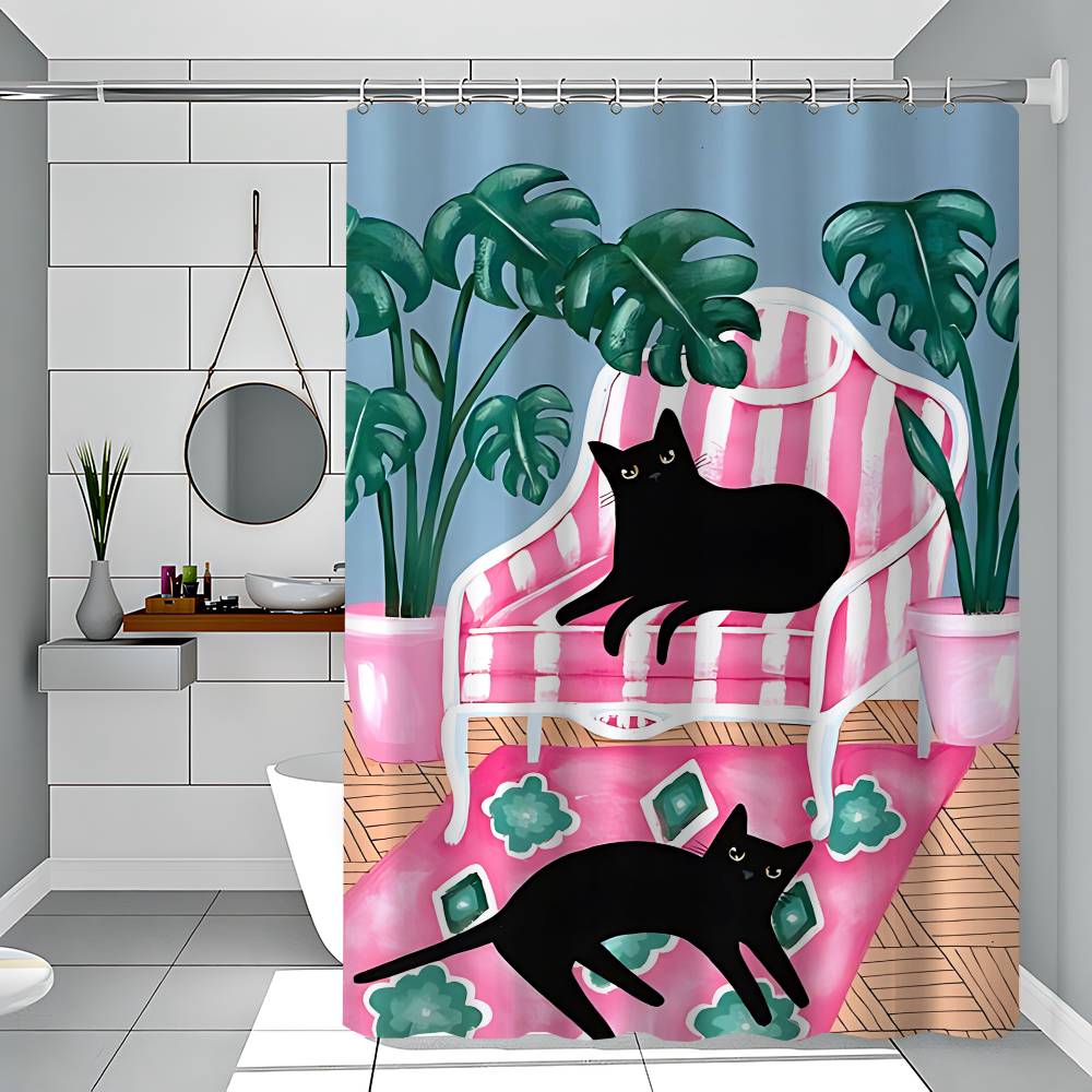 Black And Pink Cat Funny And Creative Beach Shower Curtain Waterproof Polyester Bath Curtains For Bathroom Decorate With Hooks