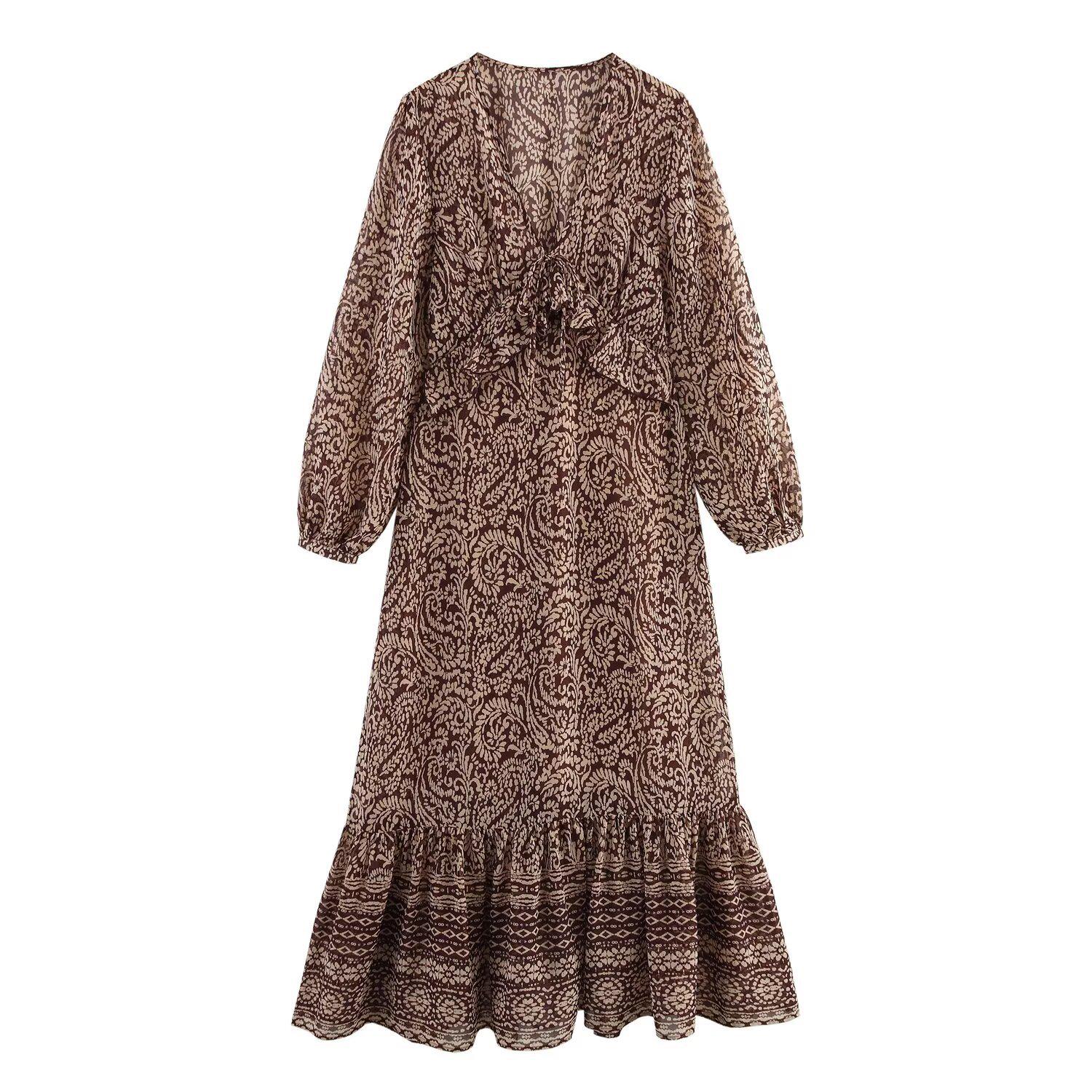 

Весна/Лето 2025 Женское платье миди с V-образным вырезом, приталенного силуэта, с длинными рукавами и принтом M темно-коричневого