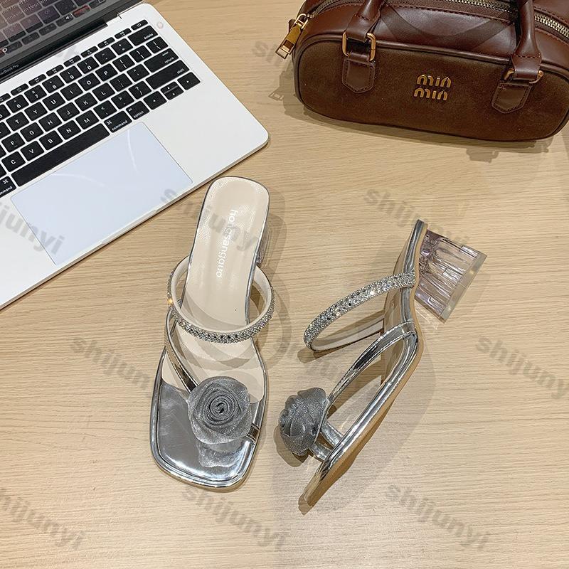 Módní dámské robustní podpatky 2025 Léto Nové Módní Květinové Kamínkové Boty Pohodlné Pantofle Elegantní Střední Podpatek Slingback Sandály