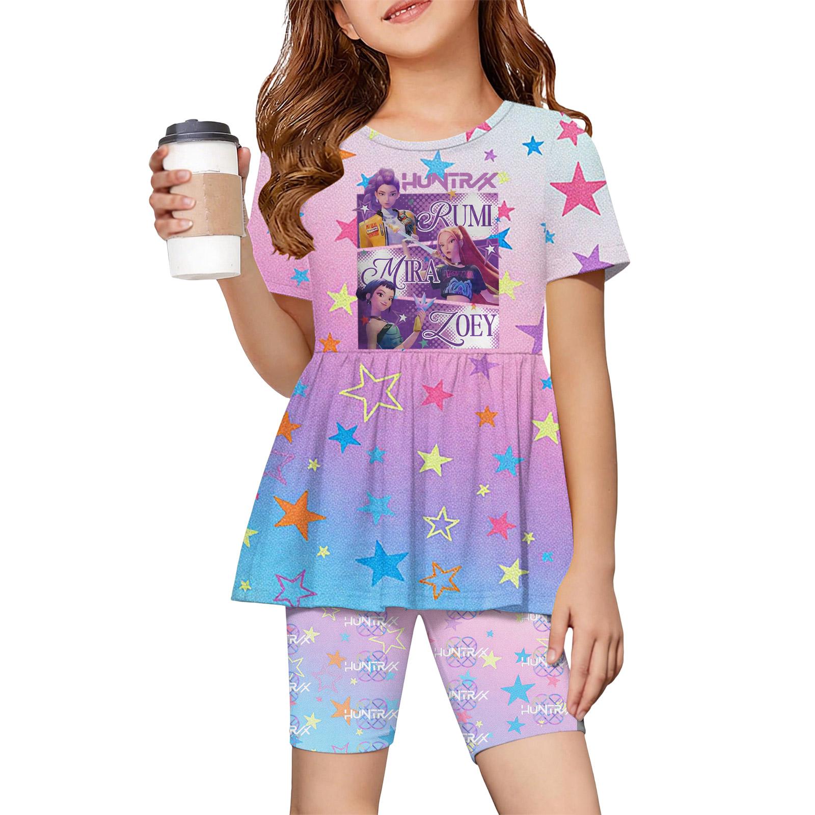 Fashionable Girls Summer Set Short Sleeved Ruffled Hem Top+Shorts 140