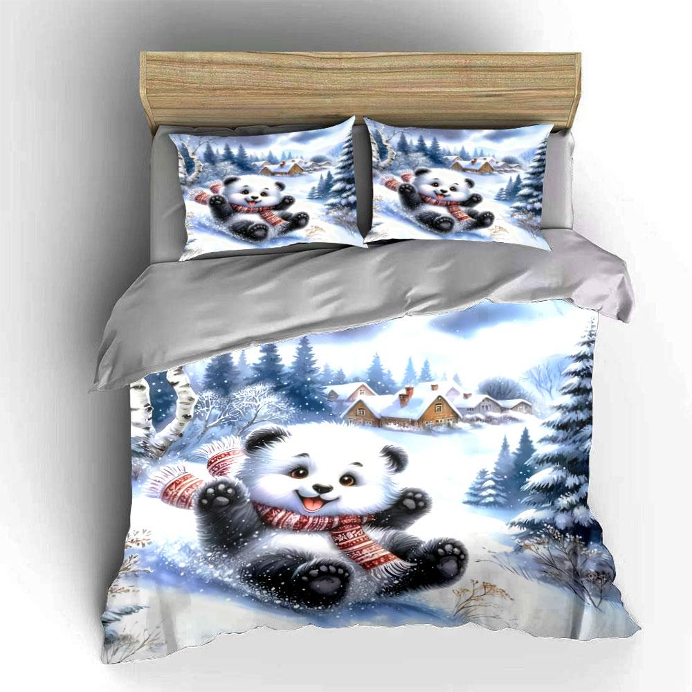 Cartoon-Pandabär Winter-Dekorationsset Weiche, bequeme Bettbezug-Bettwäsche-Set Enthalten 1*Bettbezug & 2*Kissenbezüge, Geschenk