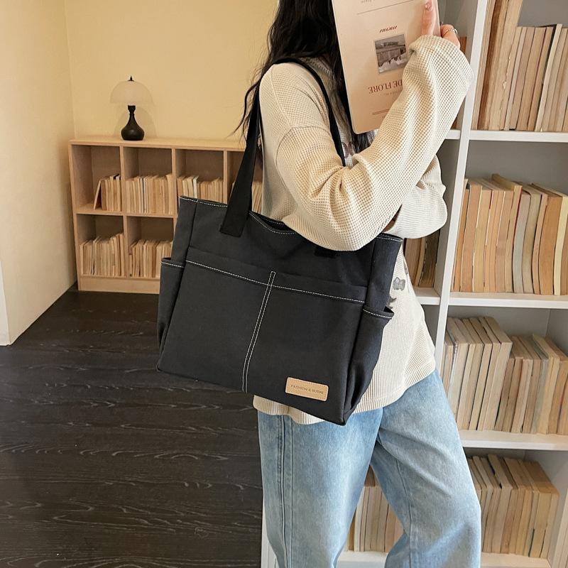 Retro Multi-Pocket Canvas Tote - Large Capacity Korean Style Shoulder Bag for Women