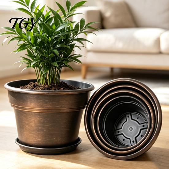 Lightweight Durable Plant Holders Retro Flower Pot with Saucer, Bronze Finish Drainage Holes, Pots Saucers Breathable Thickened Plastic Planter