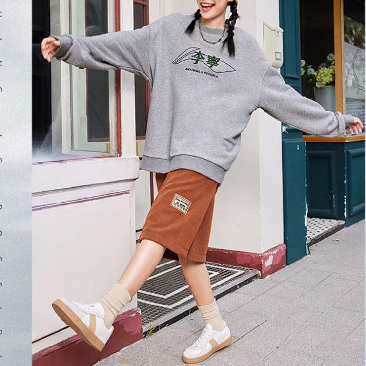 Li-Ning Sports Fashion Series Minimalist Text Logo Embroidered Pullover Sweatshirt Unisex Tops Gray AWDSF97-3