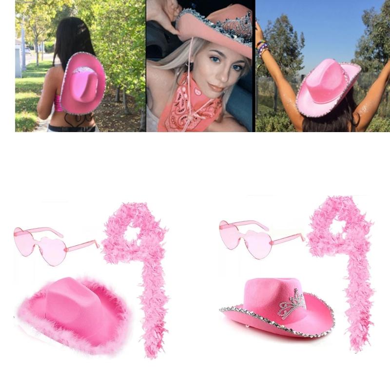 Pink Cowboy Hats with Heart Shaped Glasses Long Feather Boas Western Cowgirl Hat Halloween Costume Accessories for Women
