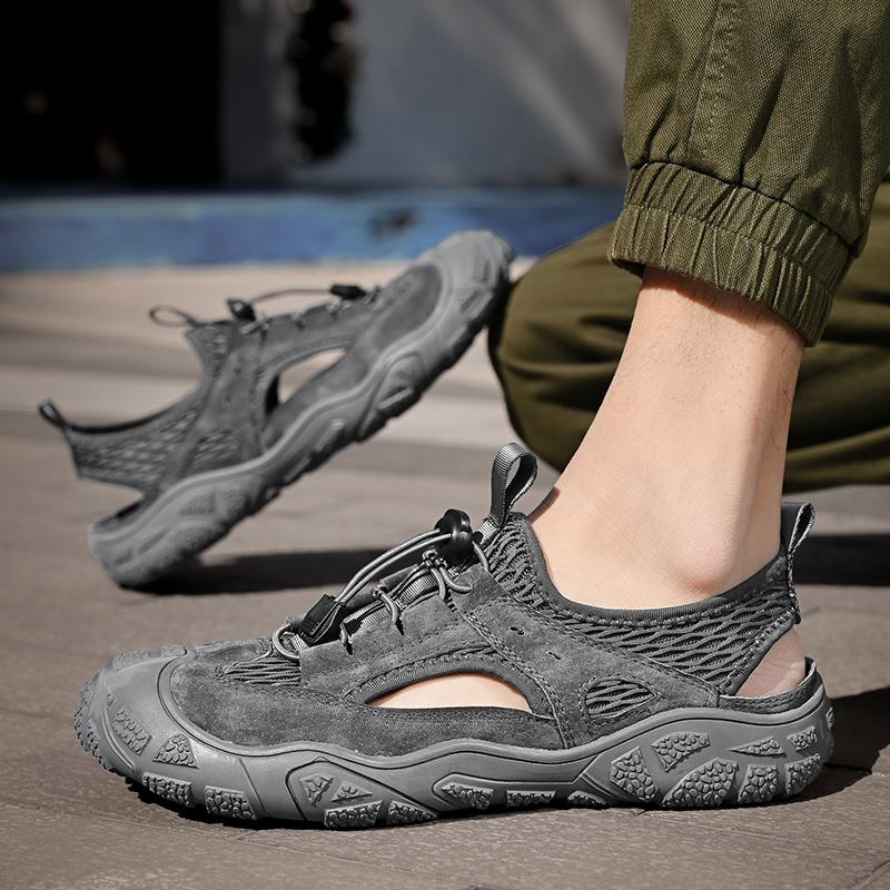 Sandale pentru bărbați cu vârf închis, plasă de vară, modă respirabilă, sandale casual din piele, pantofi de alpinism de dimensiuni mari