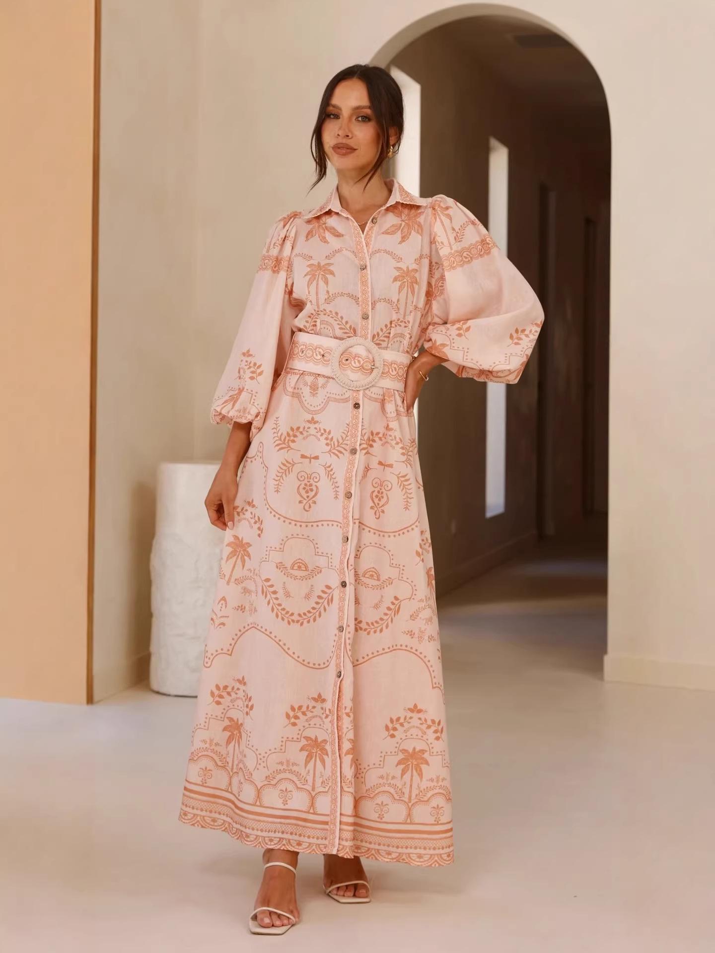 

2025 European & American Linen Puff Sleeve Dress with Cinched Waist Small розовый