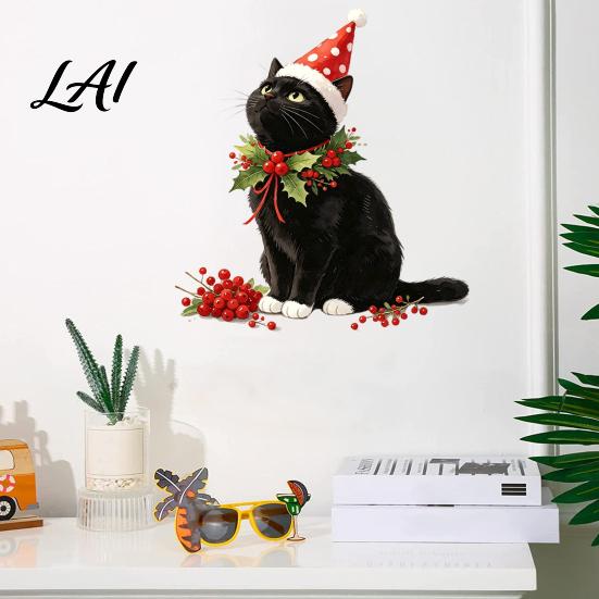 Winter Home Atmosphere Stickers Christmas Cute Black Cat Wall Sticker PVC Decal with Polka Dot Cone Hat Party Supplies And Red Berries Waterproof