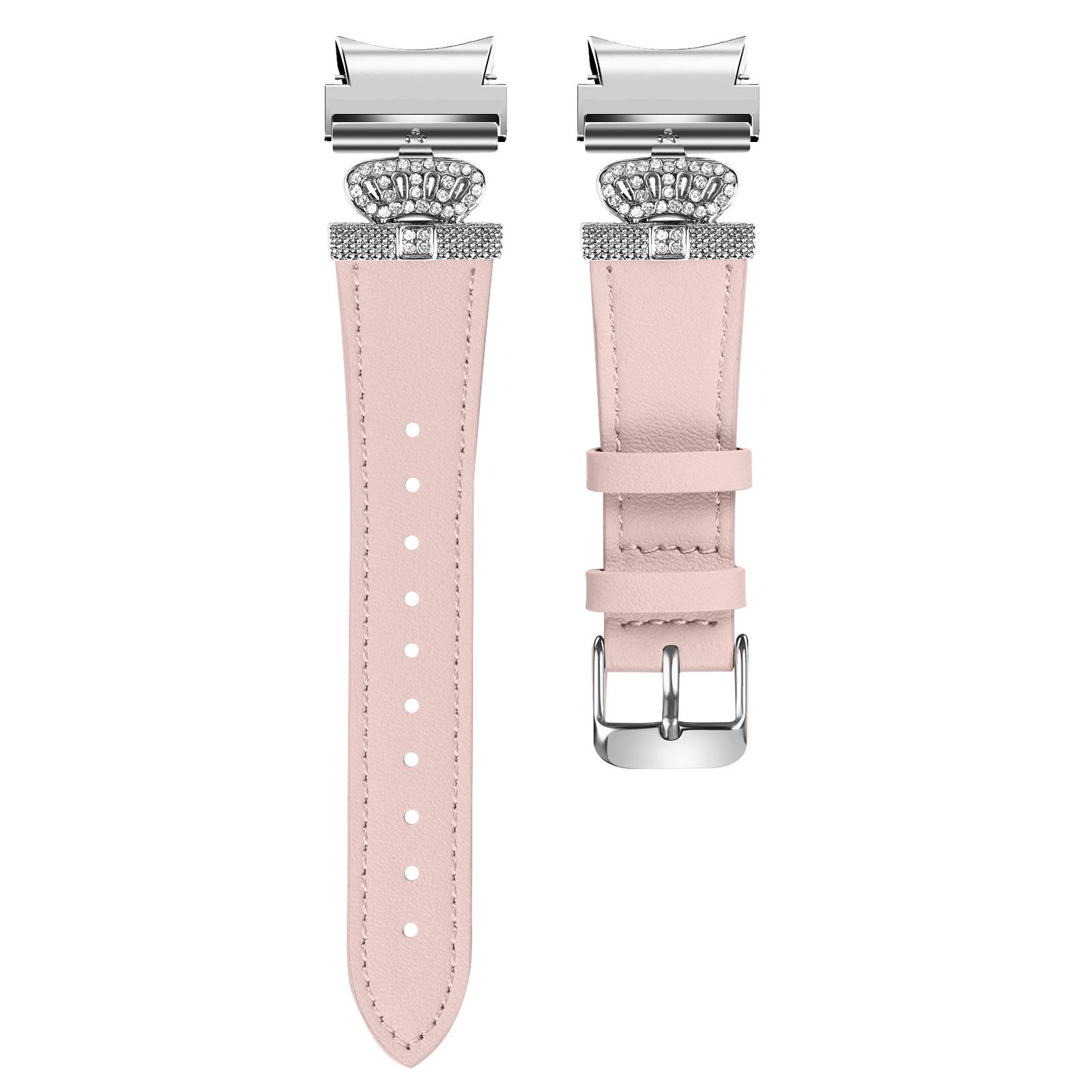 

For Samsung Galaxy Watch6 40mm/44mm/Watch6 Classic 43mm/47mm Watchband with Silver Connector Genuine Cow Leather Strap Pink