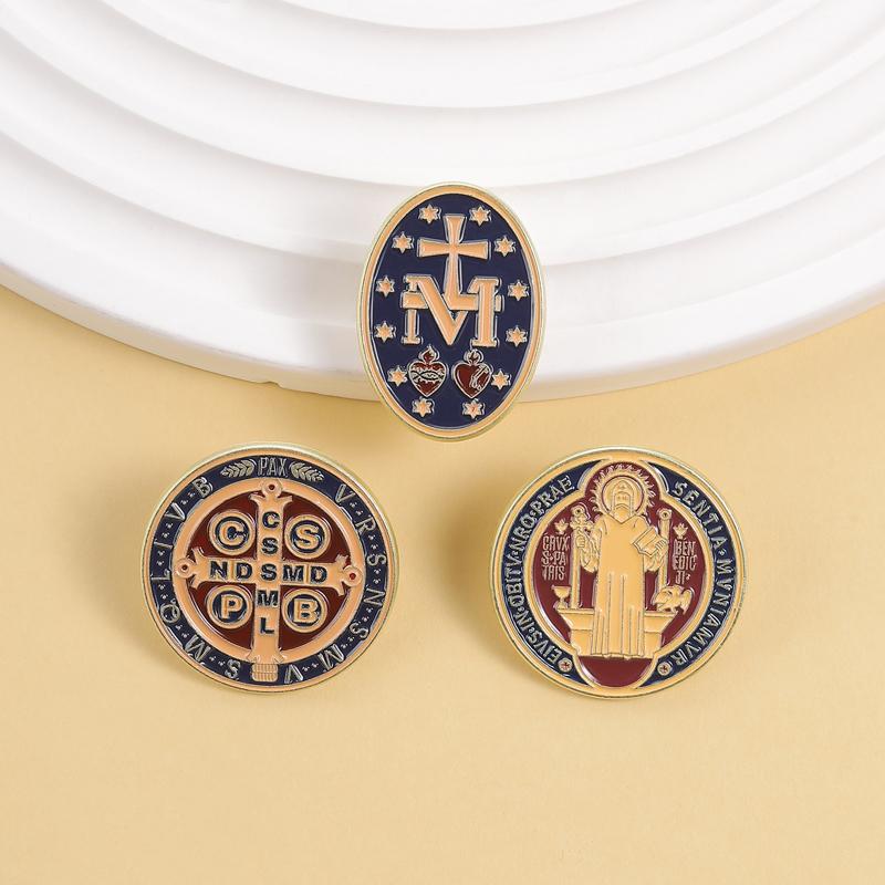 Catholic Saint Cross Medal Enamel Pins Jesus Christ Is Lord God Virgin Mary Latin Prayer Brooches Lapel Badge Jewelry Gifts