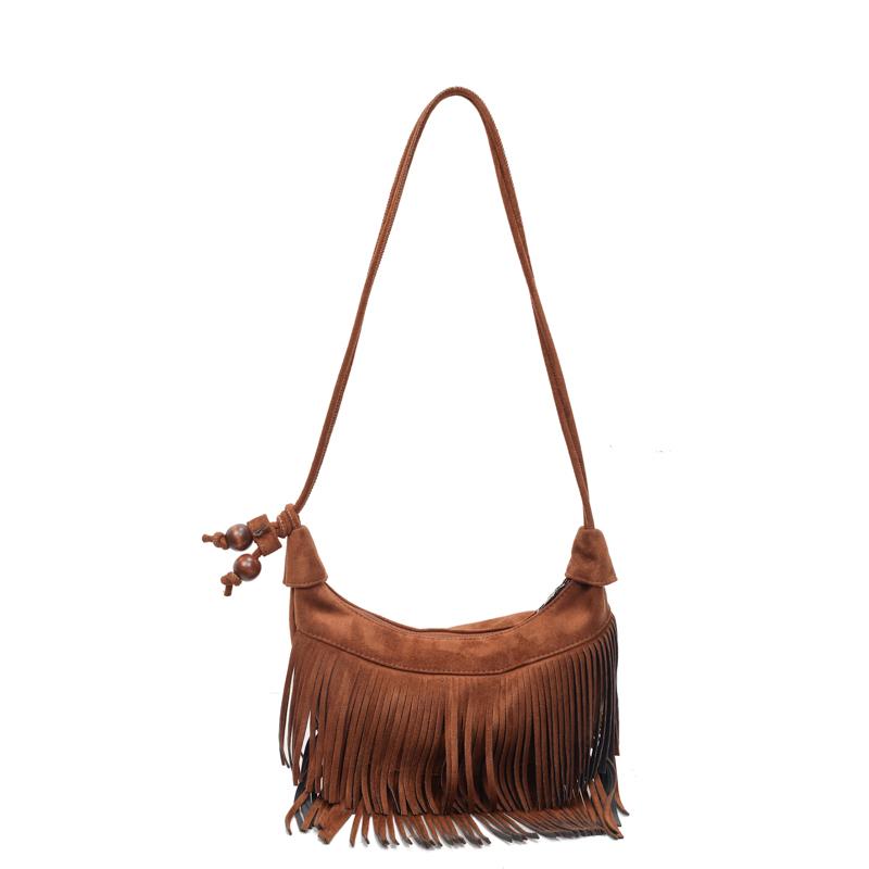 2025 Autumn Fashion Classic Style Faux Suede Tassel Shoulder Bags Solid Zipper Popularity Personality Crossbody Bags for Women