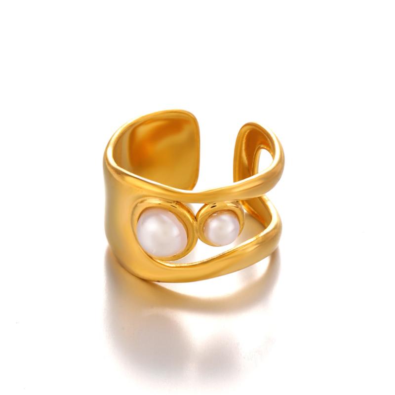 Vintage Stainless Steel Wide Thick Rings for Women Men Classic Imitation Pearl Hollow Opening Rings Charm Banquet Jewelry Gifts