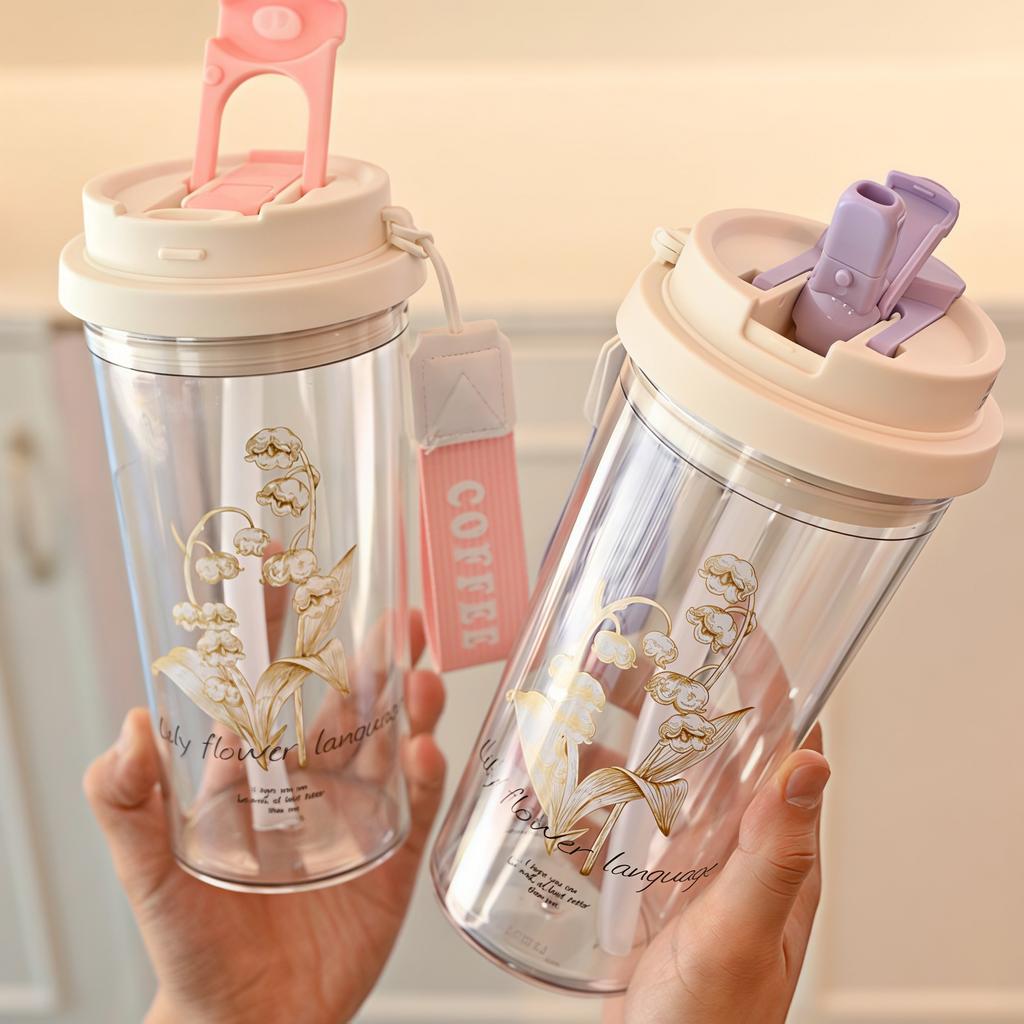 Water Bottle Summer Lily of the Valley Water Cup Girls High Value Plastic Cup Portable Coffee Cup Large Capacity Kettle Cup