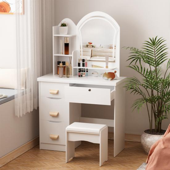 Makeup Vanity Desk with LED Lighted Mirror, Vanity Table with 4 Drawers and Opening Shelves, Bedroom Dressing Table with Stool