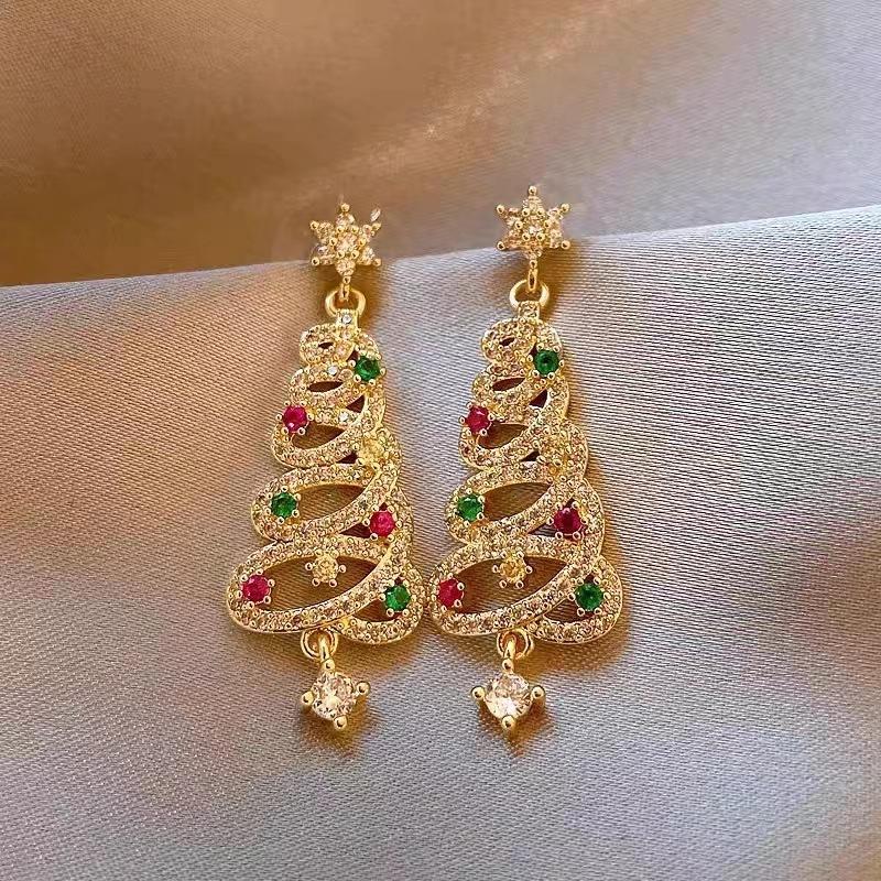 Christmas Shiny Full Rhinestone Christmas Tree Stud Tassel Earrings For Women Wedding Party Jewelry Girl  Earring Jewerly