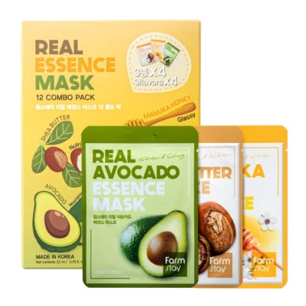 FARM STAY Real Essence Mask Combo Pack Ver.1 (1BOX / 12 Sheets) 23ml / 0.78 Fl.oz. Per Sheet  (3 Options)
