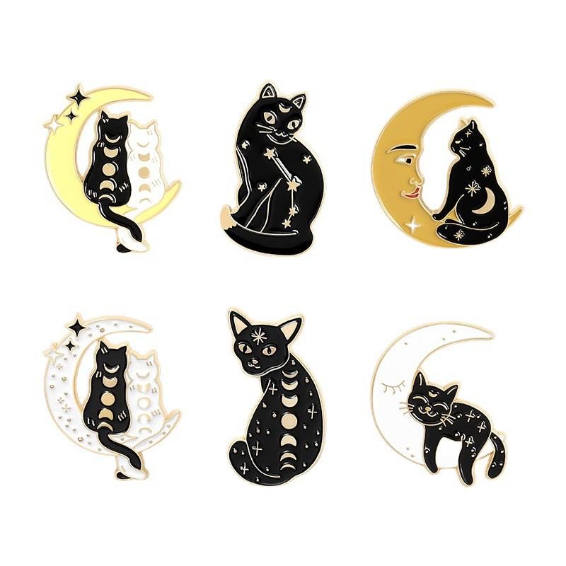 Captivating Moon Cat Design Pin Unique Alloy Brooch With Enamel Finish For Style Creative