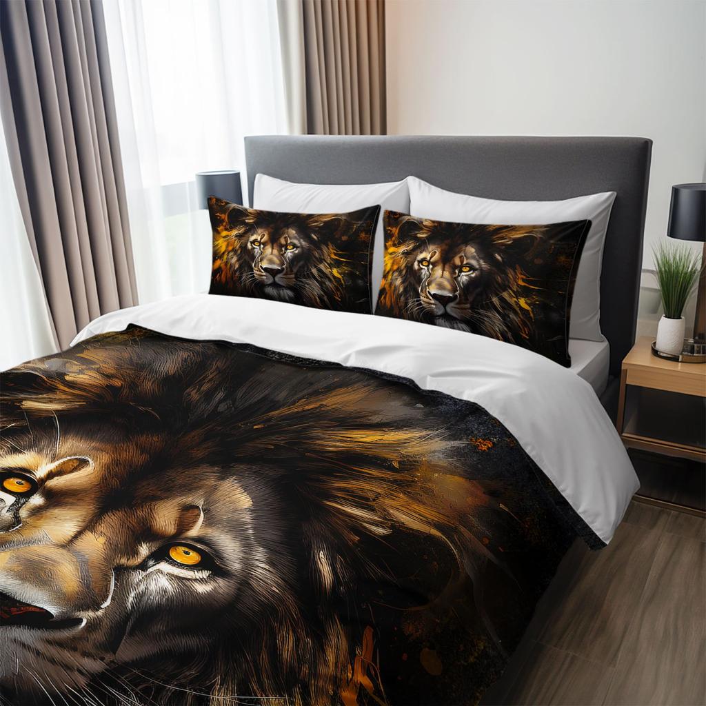 3pcs Fierce Lion King Bedding Duvet Cover Set Abstract Lion Bedding Quilt Set Wild Animal Themed Bed Set Luxury Bedroom Decor