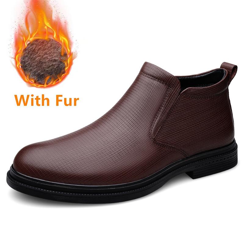 High Quality Genuine Leather Men Chelsea Boots Luxury Brand Man Business Boots Warm Plush Fur Botas Winter Formal High Top Shoes