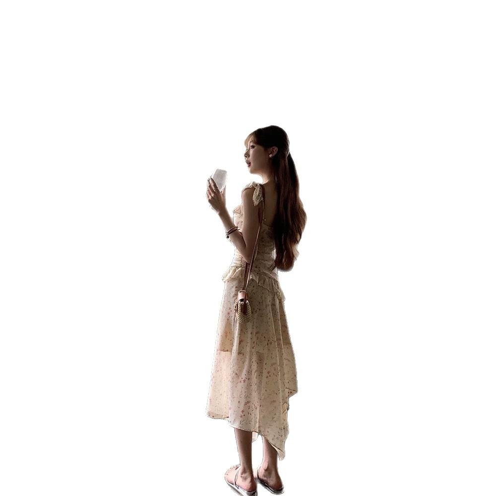2026 Summer Fresh and Sweet Flying Sleeves Floral Suspender Dress Female Design Sense Vacation Style Fairy Medium and Long Dress Tide