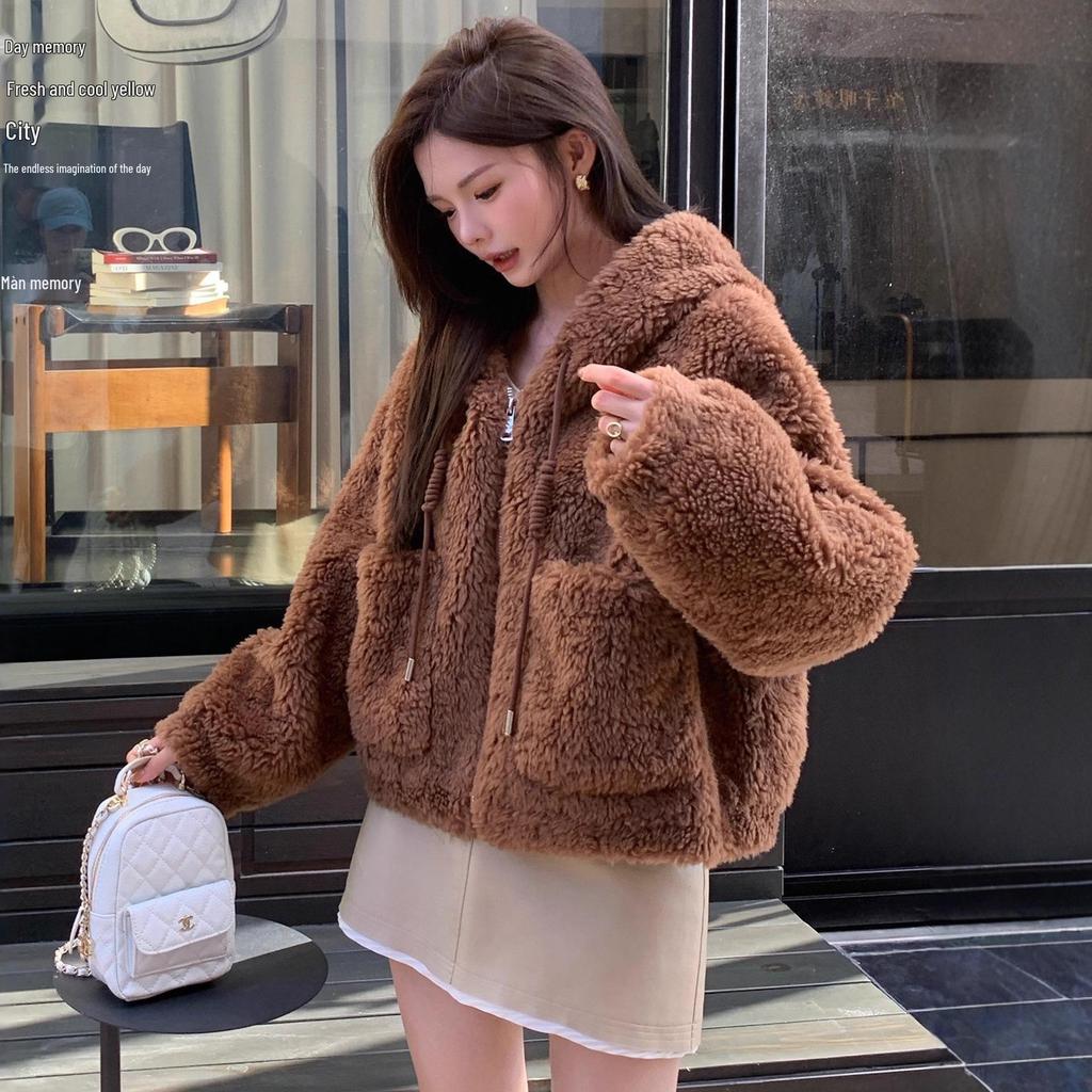 Women's Short Hooded Faux Lamb Wool Coat - Autumn/Winter 2025, Double-Sided Plush, Thickened for Warmth.