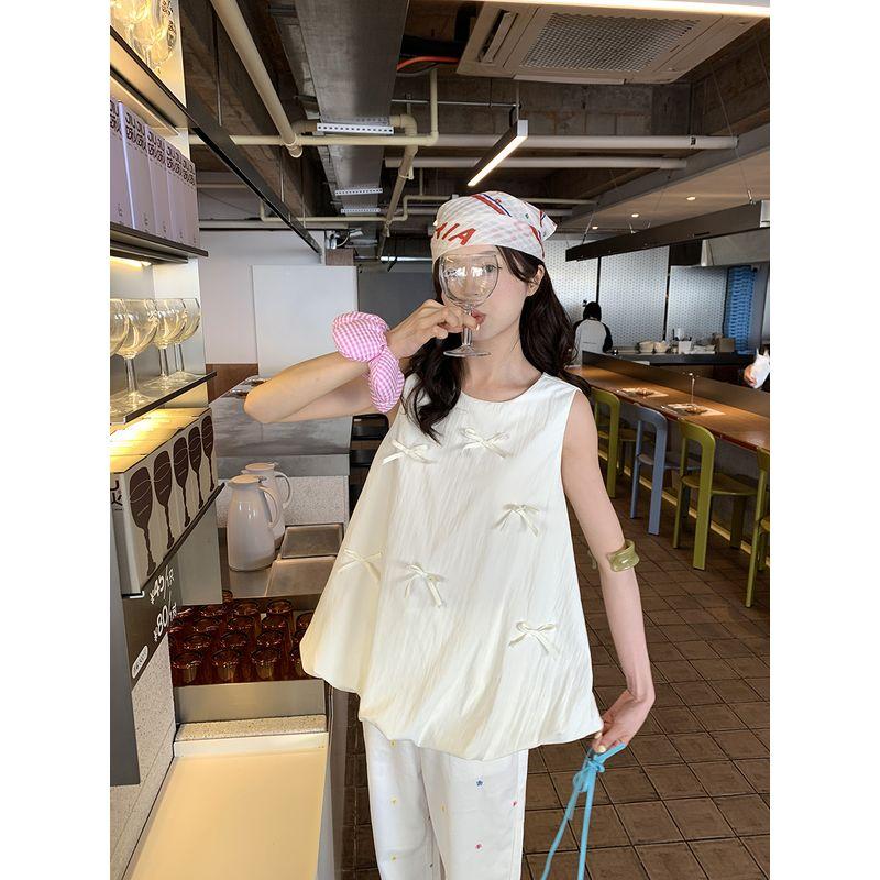 

Xinhelp Three-Dimensional Bow Vest Doll Shirt Summer Design Sense Niche Chic round Neck Sleeveless Top Women Apricot L