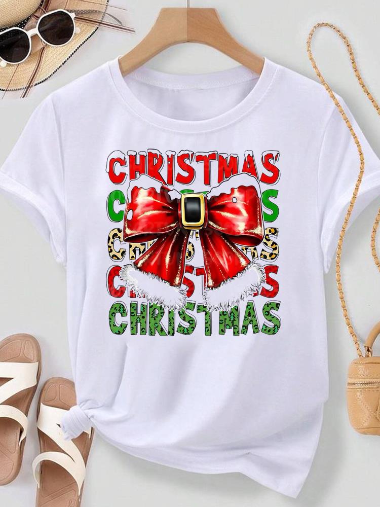 (Asian Size) Merry Christmas New Year Women's Top T Tee Festival O-neck Plaid Tree Style Clothing Print Fashion Ladies Graphic T-shirts
