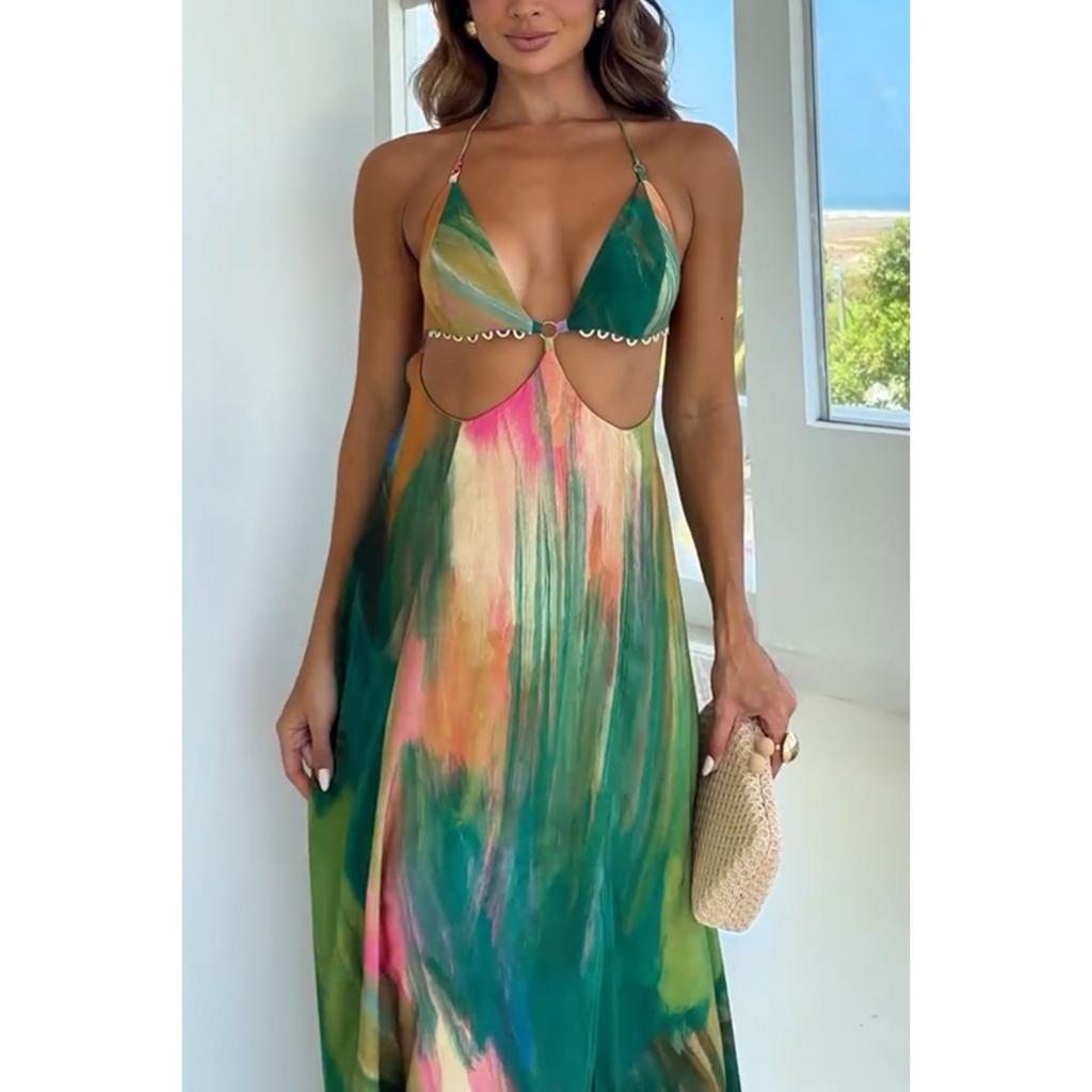 Women's  Summer Sexy Printed Spaghetti Strap Lace Trim Backless Cutout Waist Sleeveless Dress
