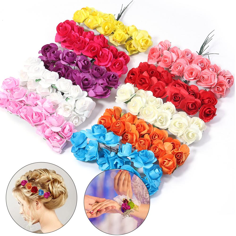 144pcs 2cm Paper Artificial Rose Flower Bouquet Colorful Mini Rose Fake Flowers For DIY Wedding Party Gifts Wreath Decoration