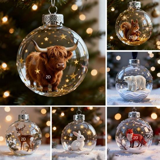 Wildlife Wonders Faux Crystal Ball Ornaments 3D Animal Decor with Fox Squirrel Deer Shatterproof Plastic Christmas Tree Decoration