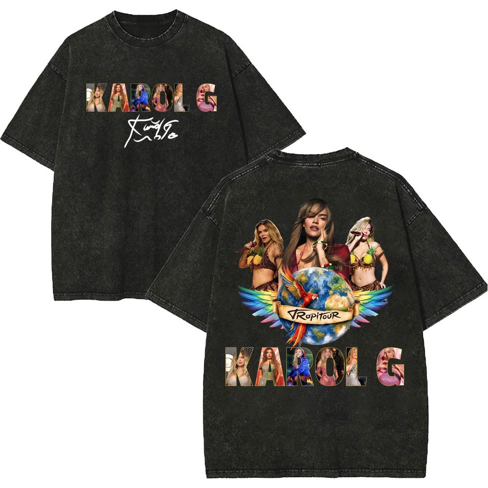 Vintage Spłowiałe Koszulki Karol G Tropicoqueta Tour 2026 Mężczyźni Kobiety Moda Pop Muzyka Koszulka Letnia Codzienna Luźna Bawełniana Koszulka