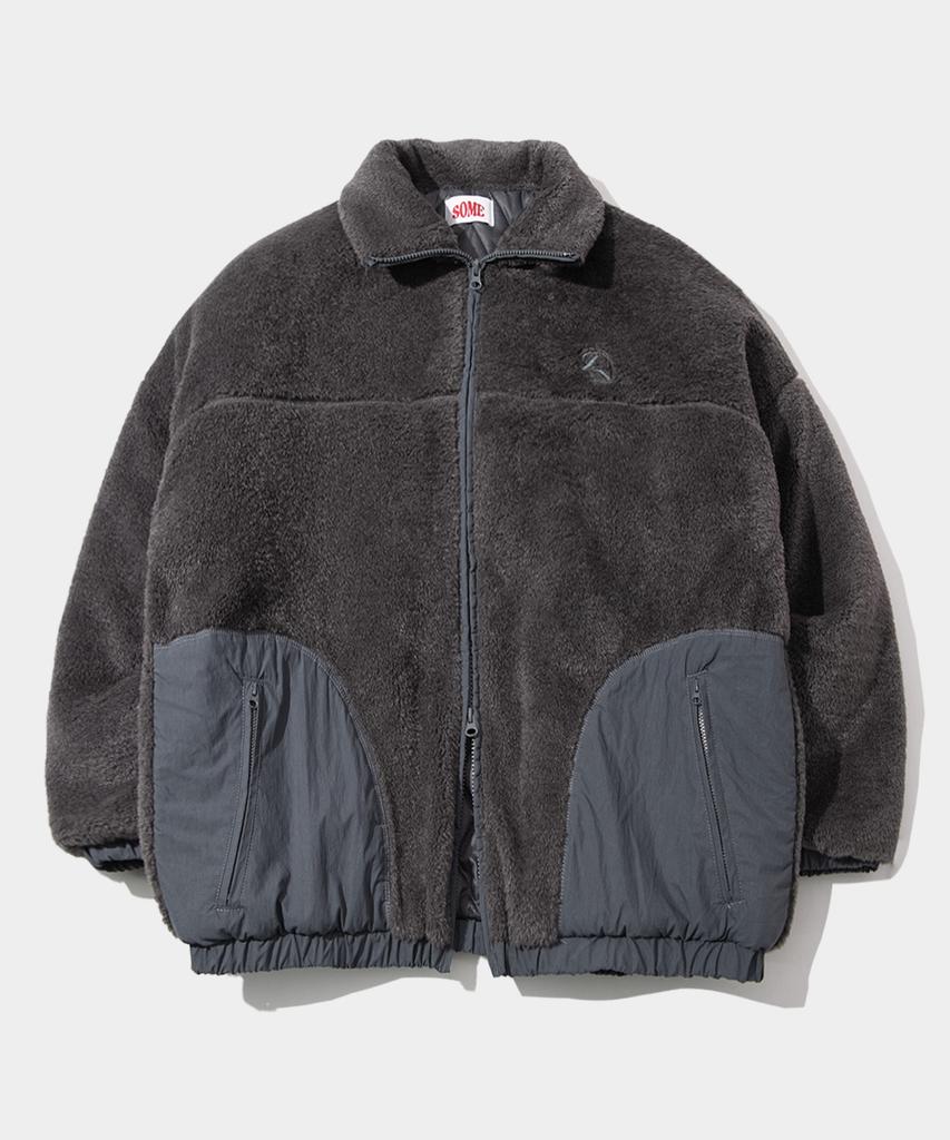 Some Place Half-Neck Logo Embroidered Contrast Soft Fleece Diamond Quilted Zip-Up [Black]