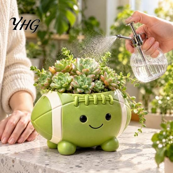 Creative Garden Ornament Rugby Ball Succulent Planter, Resin Small Flower Pot with Feet, Weatherproof Decor Cute Smiling Plant for Indoor Outdoor Home