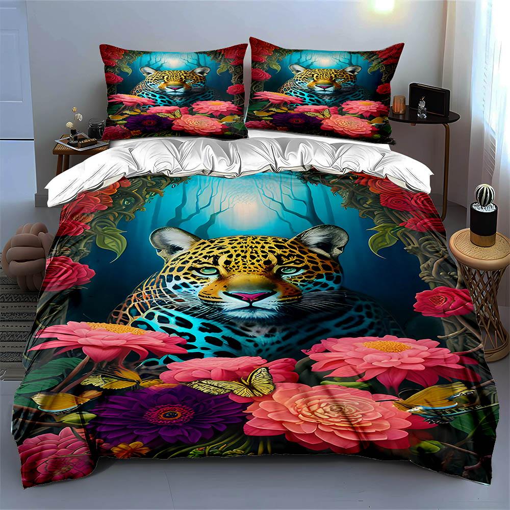 Leopard Floral Jungle Bedding Duvet Cover Sets Duvet Covers Pillowcases Gifts (1 * Duvet Cover 2 * Pillowcases, Without Duvet Insert)
