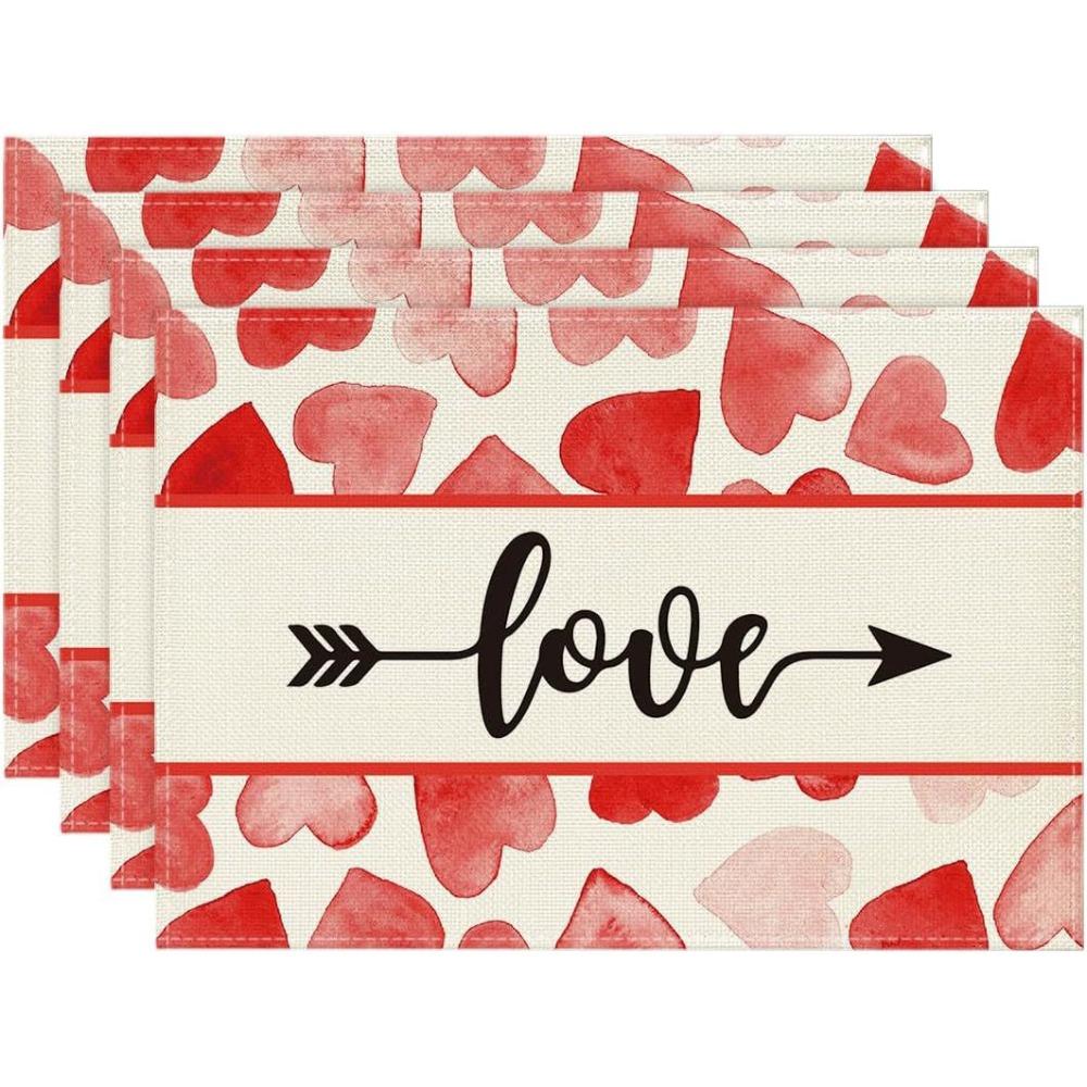 4Pcs 30x45cm Red Love Hearts Table Mats Linen Dining Table Mat Farmhouse Burlap Placemat Kitchen