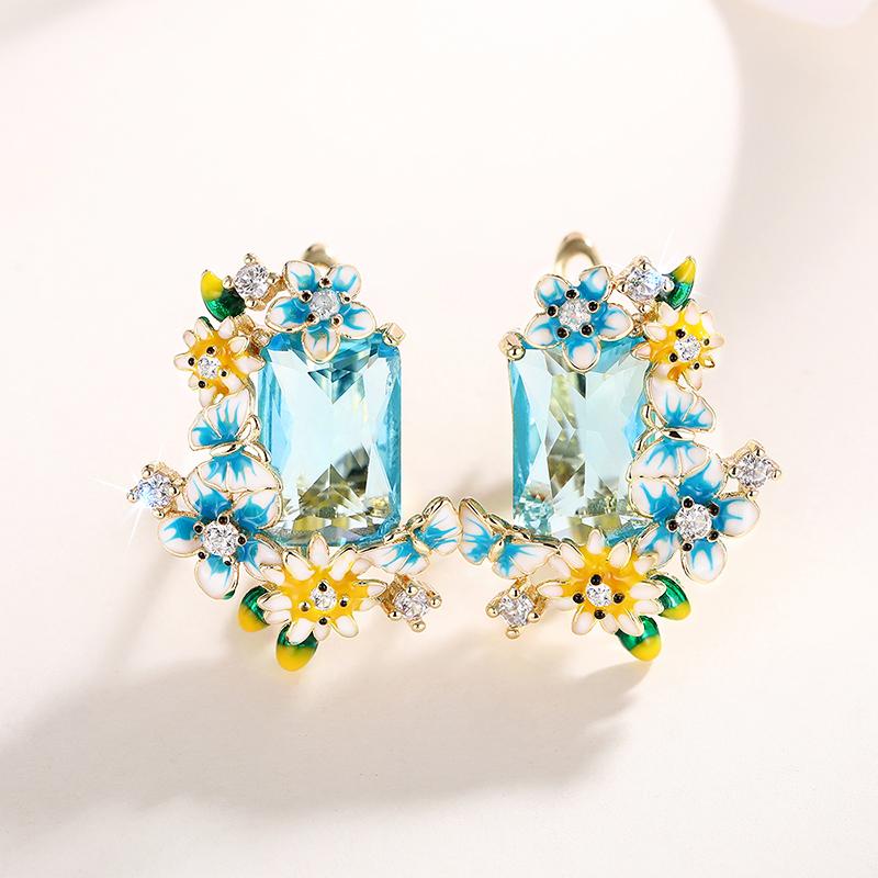 

Huitan Blue Yellow Flowers Enamel Earrings with Big Sky Blue CZ Aesthetic Drop Earrings for Women Wedding Party Unique Zircon