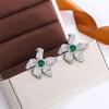 New Simulated Emerald Crystal Flower Stud Earrings for Women Gift Fashion  Sterling Silver  Zirconia Leaves Earrings