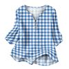 Women’s Casual Plaid Print Henley Shirt Cotton Linen Three Quarter Sleeve V Neck Button Front Loose Fit Top
