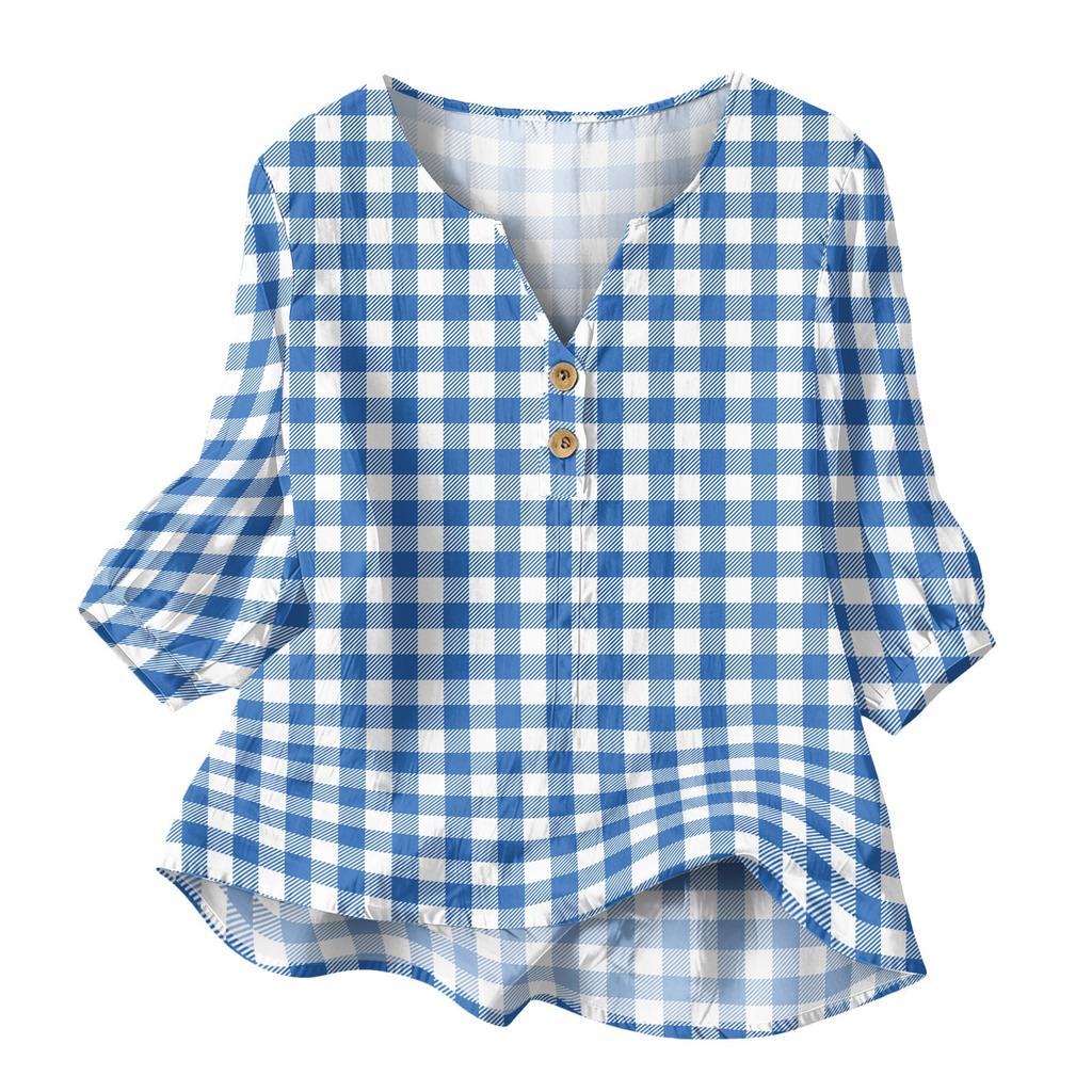 Women’s Casual Plaid Print Henley Shirt Cotton Linen Three Quarter Sleeve V Neck Button Front Loose Fit Top