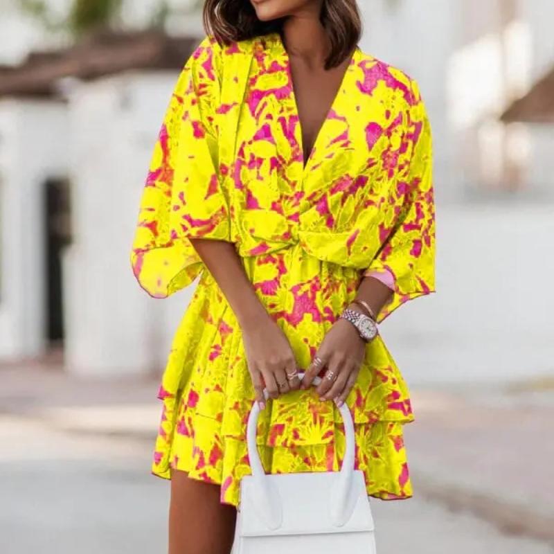 Damskie jesienne sukienki z dekoltem w kształcie litery V, luźnymi rękawami nietoperzowymi i nadrukiem